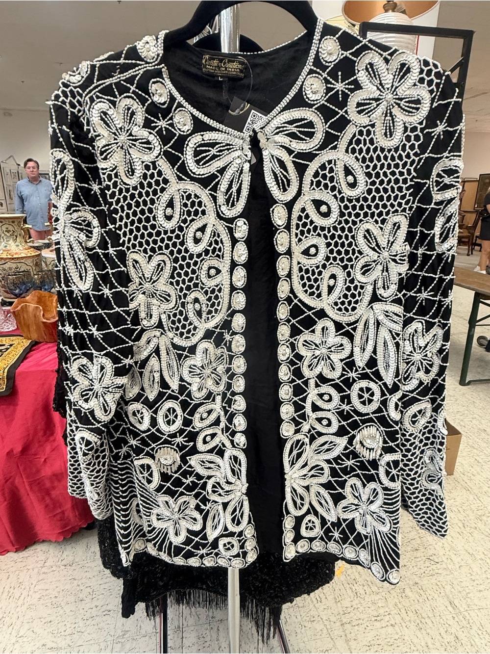 Embroidered Beaded Open-Front Jacket - Black Y2K